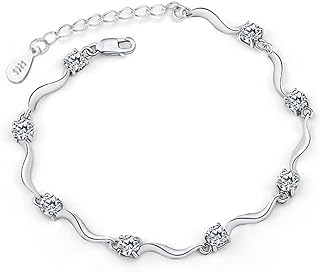 Women's Wave Bracelet Charm - 925 Sterling Silver Plated with Box Chain and Lobster Claw Clasp, Adorned with Cubic Zircon Crystal - Bamboo Design