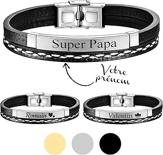 KDO MAGIC - Bracelet Yves Saint Laurent homme en simili cuir noir avec gravure prénom personnalisé, plaque noire, argentée ou dorée, taille 21 cm. Idéal pour cadeau fête des Pères