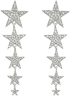 Big Long Crystal Star Tassel Drop Dangle Earrings Rhinestone Geometric Five-Pointed for Women Girls Wedding Lightweight Sparkle Party Jewelry