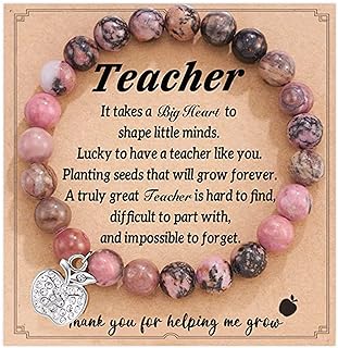 Zinc & Zircon Gemstone Apple-Bee Pendant Teacher Appreciation Bracelet - Natural Stone Bead & Cord Chain - Perfect Gift for Educators - Adjustable Stretch Design