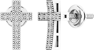 10K White Gold Cross Stud Earrings with Round White Diamonds for Ladies - Screw Back Design