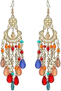 Zinc Alloy French Wire Back Native American Multicolor Beaded Long Drop Tassel Earrings for Women and Girls