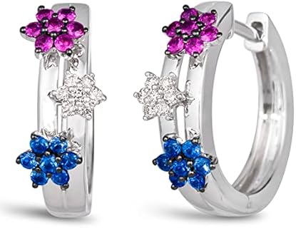 LE VIAN 1/10 Carat Diamond with 1/2 Carat Ruby and Sapphire Flower Hoop Earrings for Women I 14k White Gold (H-I, SI2-SI3, cttw) Patriotic American Flag USA Red White Blue Earrings