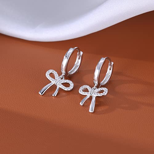 Reffeer Solid 925 Sterling Silver Bow Drop Hoop Earrings for Women Girls Bowknot Hoop Earrings Huggies