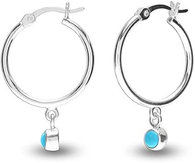 Chic Turquoise Gemstone Sterling Silver Hoop Earrings with Click-Top Finding by LeCalla for Women and Teens