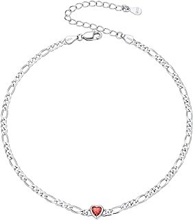 Lobster Claw Clasp Women's Sterling Silver Anklet with Cubic Zirconia Heart-Shaped Birthstone on Figaro Chain, Adjustable 8.5"-10.5" Length by SILVERCUTE