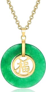 Natural Translucent Green Jadeite Pendant Necklace Jade Donut Circle Good Luck Chinese Fu Character Pendant Necklace