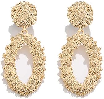 Boho Textured Geometric Oval Dangle Earrings with Push Back Closure for Women and Girls - Nickel-Free Alloy Statement Drop Earrings