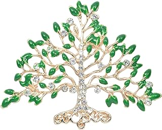 Gyn&Joy Green Enamel Tree Leaves Rhinestones Gold Tone Brooch Pin for Women