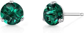 Peora Solid 14K White Gold Created Emerald Martini Solitaire Stud Earrings for Women, Hypoallergenic 1.50 Carats total, Round Shape 6mm, AAA Grade, May Birthstone, Friction Back