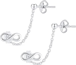 Love Knot Infinity Symbol Double Pierced Cartilage Ear Lobe Helix Chain & Ear Stud Earrings For Women .925 Sterling Silver