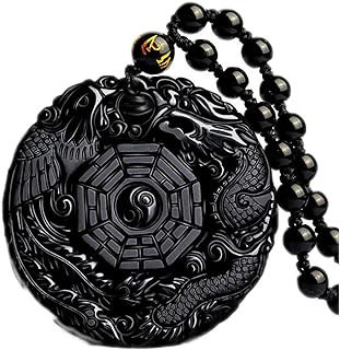 Obsidian Bead Necklace with Ball Chain featuring Natural Genuine Carved Wolf Head Amulet Pendant Design