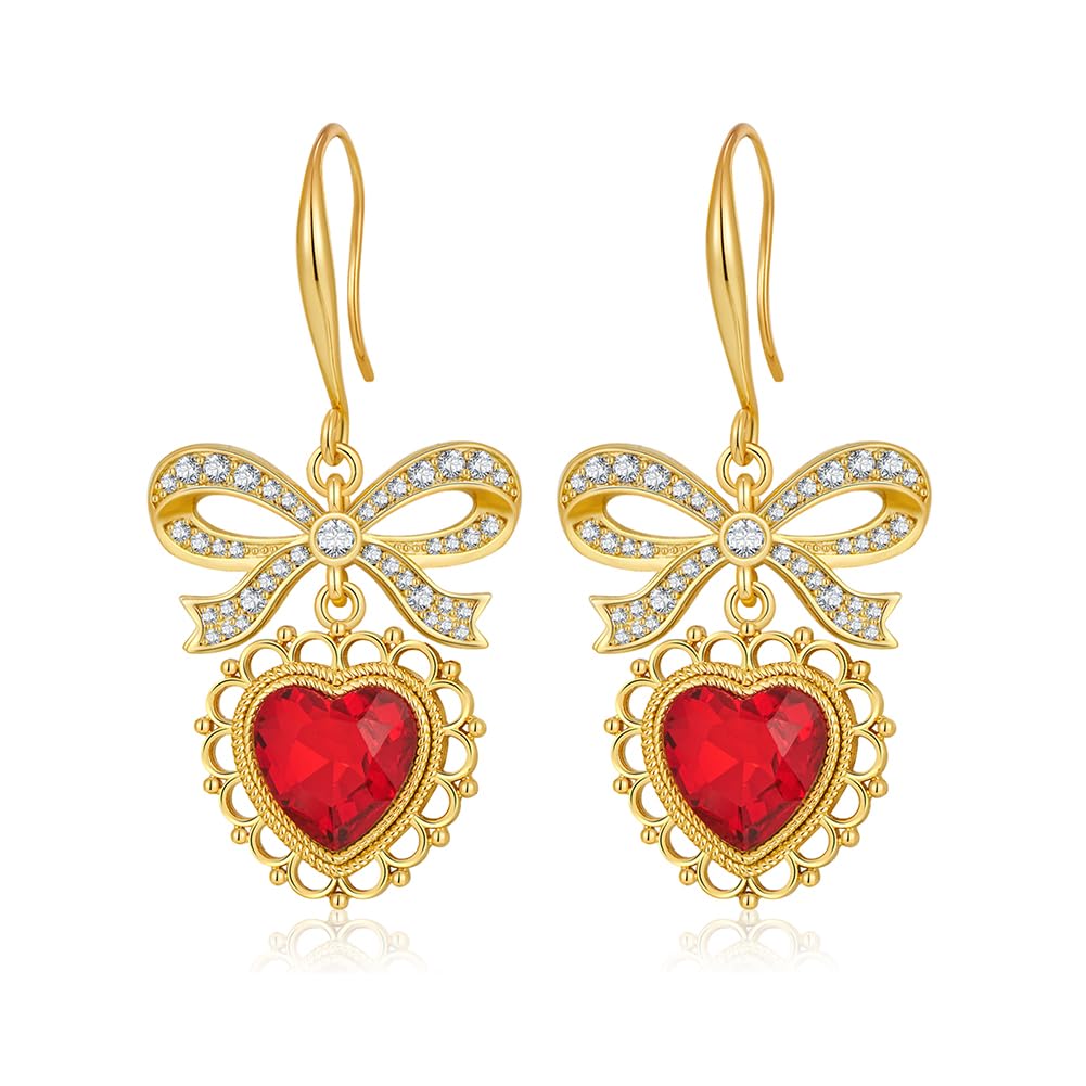 Charming Gold Heart Dangle Earrings with Ribbon Bow Design, French Wire Back Finding, Women's Copper Earrings Studded with Created Peridot Gem