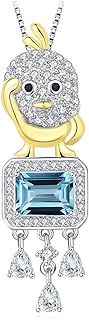London Blue Topaz Duck Pendant Necklace, Solid Sterling Silver Cable Chain, 14k White Yellow Gold Plated, Hypoallergenic Jewelry for Women, 18 Inches Length Trendy Duck Design