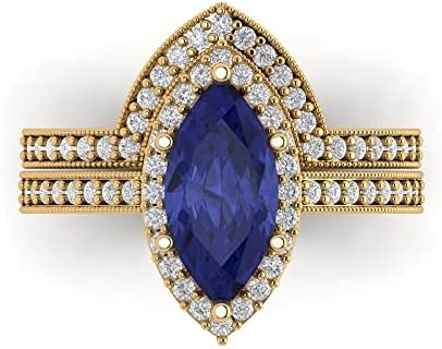 Clara Pucci 2.16ct Marquise Cut Halo Solitaire Simulated Tanzanite Engagement Promise Anniversary Bridal Ring Band set 18K Yellow Gold