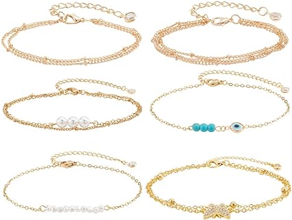 PH PandaHall Golden Multi-Strand Bracelets with Curb, Bead, Link Chains - Adjustable, Durable Brass for Women - Lobster Claw Clasp - Embellished with Beads, Butterflies, Evil Eyes, Synthetic Turquoise Pearls - Ideal for Beach & Summer