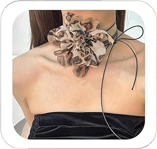 C-Link Long Choker Necklace with Leopard Print Rose Design on Suede Leather, Adjustable Ribbon Floral Neck Accessory for Women and Girls