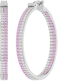 Dazzlingrock 18K White Gold Hoop Earrings with Hinged Notch Post, Round-White-Diamond and Round-Pink-Sapphire Mix for Women