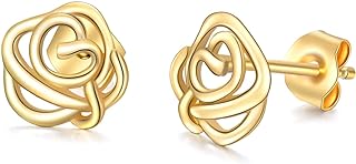 14K Yellow Gold Rose Flower Stud Earrings with Screw Back Design, Elegantly Crafted for Women, Perfect for Wife or Mother