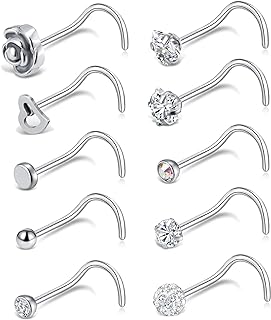 Tornito 20G 10Pcs Stainless Steel Nose Screw Studs Rings CZ Nose Ring Labret Nose Piercing Jewelry for Men Women Silver Rose Gold Tone