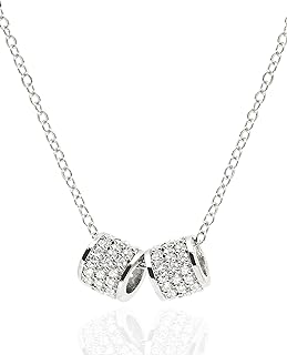 Luxury Lobster Clasp 2 Pave Ring Pendant Necklace with Cable Chain and Cubic Zirconia Gems for Women, Silver and Stainless Steel Elegant Design