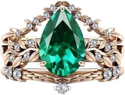 Art Deco Vine Leaf Design Pear Shaped 3 CT Emerald and Sterling Silver Engagement Ring Set for Women, Size 6