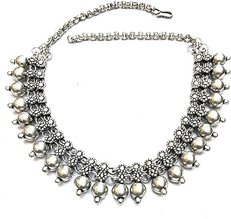 Authentic Indian Athizay Oxidized Brass Necklace with Rolo Chain and S-Hook Clasp, Silver Metal Bead Embellishments, Traditional Design - 16 Inches