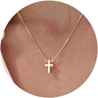 14K Gold Plated Dainty Cross Pendant Necklace with Lobster Clasp and Box Chain for Women and Girls - Brass Made