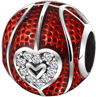 Ginger Lyne Collection Love Basketball Charm for Bracelet or Necklace for Women Girls European Bead Clear Cubic Zirconia Red Sterling Silver