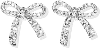 Versatile Silver Bow Stud Earrings with Push Back, Crafted from Durable Metal, Rhinestone Embellished, Ideal Gift for Women - Elegant Bowknot Ribbon Design