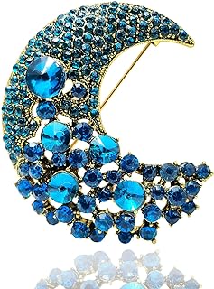 Moon Brooch Pin, Sparkling Blue Brooches for Women, Gold Tone Rhinestone Crescent Moon Brooches for Elegant Jewelry, Large pins for lapel, hat, backpacks, bouquet on Wedding