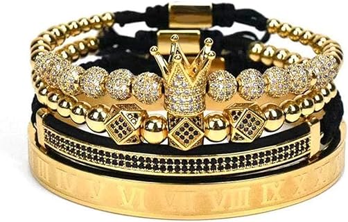 Lobster Claw Clasp 18kt Gold Beaded Bracelet with Cross - Rope & Braided Chain, Cubic Zirconia Gems - Designed for Men - Imperial Crown Design Charm Bracelet