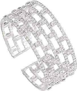 Sparkly Tennis Silver/Gold Rhinestone Crystal Adjustable Wide Arm Cuff Bracelet & Bangle for Women Bridal Wedding Party Prom