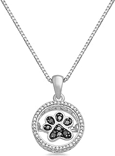 Jewelili Dancing Dog Paw Necklace Pendant in Sterling Silver Treated Black and Natural White Round Diamonds 18 inch Box Chain