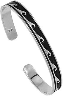 Sterling Silver Fine Wave Design Cuff Bracelet for Women Oxidized finish Southwestern Hopi Design Handmade (10mm) 3/8 inch wide