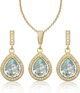 Teardrop Jewelry Set for Women - Sterling Silver Small Teardrop Cubic Zirconia Crystal CZ Rhinestone Drop Earrings and Pendant Necklace Set for Wedding Bride Bridesmaids Mother of Bride Prom Party Bridal Costume Jewelry