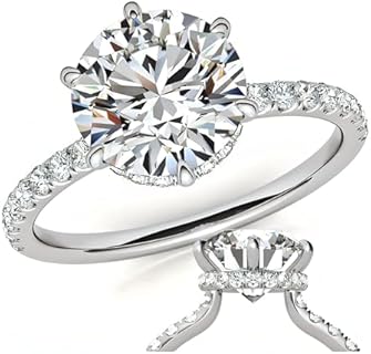 2.5 or 3ct Round Moissanite Engagement Ring 6 Prong/Hidden Halo/Side Stones/ 18K White Gold Vermeil/Lab Created Diamond/D Color VVS1 Clarity/GRA Certified & Engraved/Hypoallergenic/Gift Set