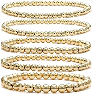 Beaded Bracelet for Women Stack 14 K Real Gold Ball Beads Bracelet Elastic String Friendship Bracelets Set Dainty Stretch Bracelets Jewelry for Men Girls