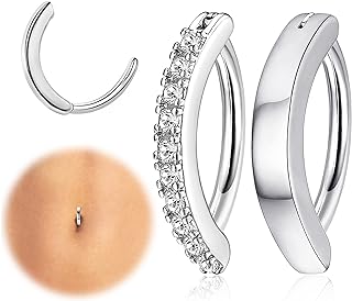 FIASASO 2Pcs 14G Clicker Belly Button Ring for Women Surgical Steel CZ Opal Belly Ring Simple Reverse Navel Rings Body Jewelry