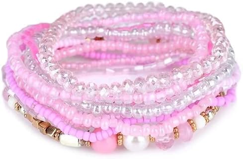 8 Sets Bohemian Stackable Bead Bracelets for Women Multicolor Stretch Beaded Bracelets Layered Bead Bracelet Set Boho Jewelry - Light Pink