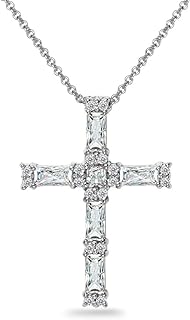 B. BRILLIANT Women's Sterling Silver Rolo Chain Cross Pendant Necklace Adorned with Sparkling Baguette-cut AAA Cubic Zirconia