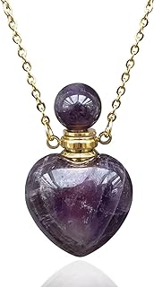 Perfume Bottle Necklace Heart Shape, Amethyst Necklace Healing Crystal for Women, Essential Oil Diffuser Bottle Necklace Jewelry, Gemstone Heart Vial Necklaces for Liquid
