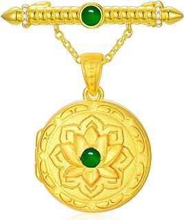 SOULMEET Pin-Stem-With-Safety Locket Brooch | Rolo Chain | Cubic Zirconia Gem | For Men and Women | Round/Lotus Design | Personalized 14K Gold Plated, Yellow-Gold-Plated-Silver Picture Brooch