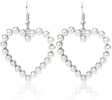coadipress Pearl Heart Hoop Earrings for Women Girls Imitation Pearl Love Heart Earrings Vintage Faux Seashell Teardrop Ladies Freshwater Cultured Love Gold Set Bridal Wedding Daily Outfit Fashion Jewelry