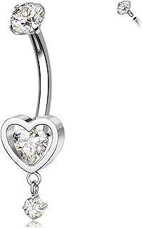 Melighting Heart Titanium Belly Button Ring Internally Threaded 14G Dangle Belly Ring Belly Piercing Jewelry Titanium G23 Naval Ring Clear Cz 10mm Body Piercing Jewelry