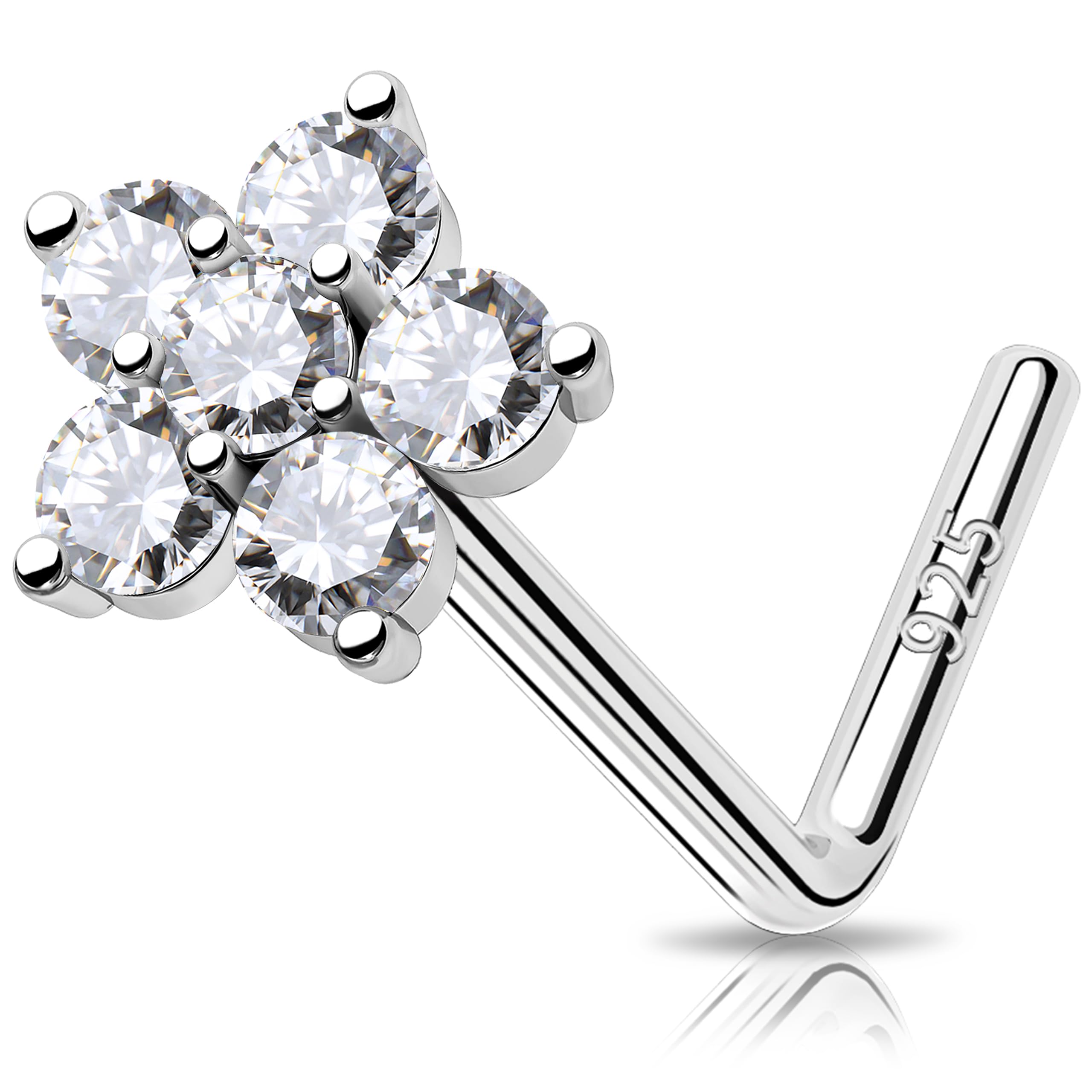 MeIighting 925 Sterling Silver Flower Nose Stud L Shaped Nose Ring 20G Solid Silver Nose Piercing Jewelry Clear CZ for Women Men Nostril Piercing