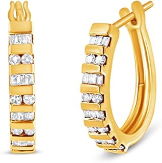 10K Yellow or White Gold Round and Baguette-Cut Diamond Hoop Earrings (I-J Color, I2-I3 Clarity) - Choice of Carat Weight and Metal Color