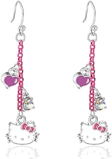French Wire Sanrio Hello Kitty Dangle Earrings for Women - Costume Rhodium Design with Heart and Rhinestone Accents