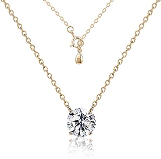 Lobster Clasp, Single Pendant Necklace - Cable Chain, Rose Gold Plated Sterling Silver with Cubic Zirconia - Ideal for Women, Round Solitaire Design