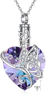 MONGAS Sterling Silver Butterfly Urn Necklace with Cable Chain and Zircon Gem, Heart Shaped Cremation Jewelry for Women